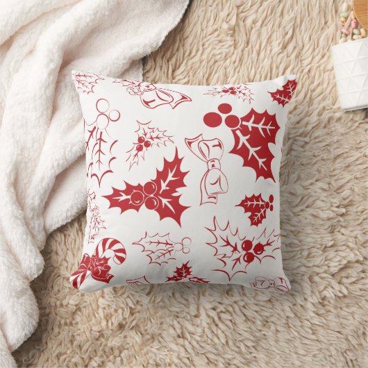 Candy Cane Holly | White Christmas Throw Pillow クッション (ブランケット)