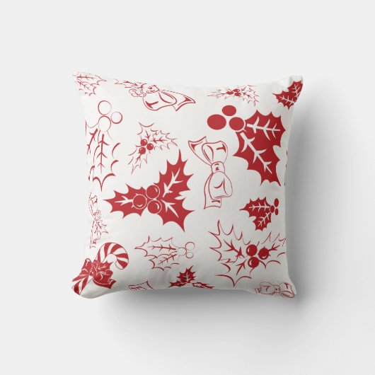 Candy Cane Holly | White Christmas Throw Pillow クッション (正面)
