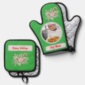 Candy Cane Personalized Chef Mom Photo Christmas 鍋つかみ&鍋敷きセット (正面/裏面)