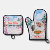 Candy Cane Personalized Chef Mom Photo Christmas 鍋つかみ&鍋敷きセット (正面)