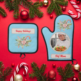 Candy Cane Personalized Chef Mom Photo Christmas 鍋つかみ&鍋敷きセット
