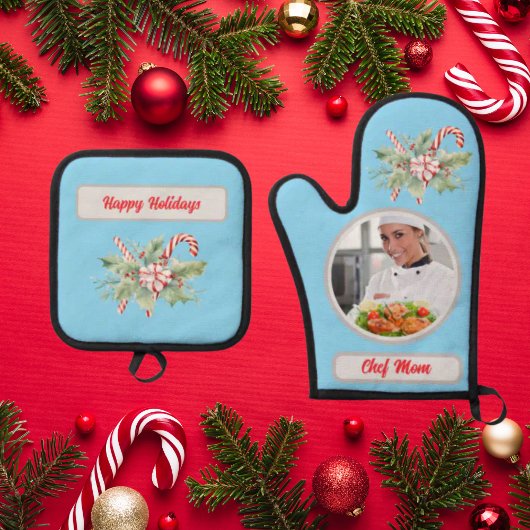 Candy Cane Personalized Chef Mom Photo Christmas 鍋つかみ&鍋敷きセット