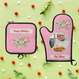 Candy Cane Personalized Chef Mom Photo Christmas 鍋つかみ&鍋敷きセット