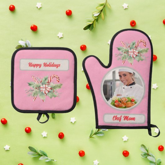 Candy Cane Personalized Chef Mom Photo Christmas 鍋つかみ&鍋敷きセット