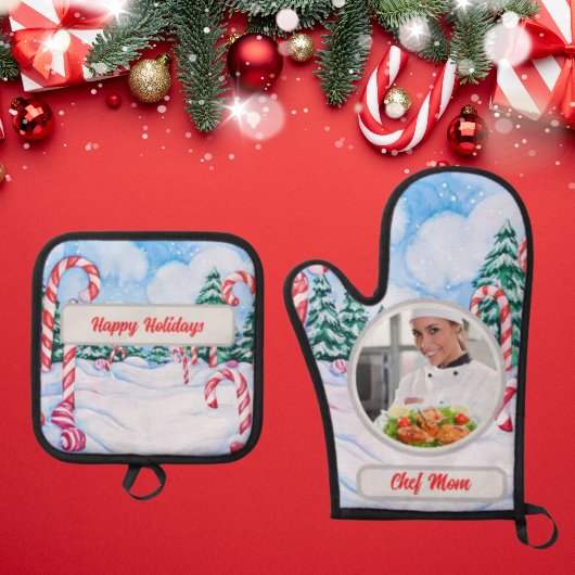 Candy Cane Personalized Chef Mom Photo Christmas 鍋つかみ&鍋敷きセット
