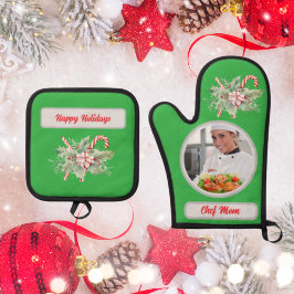 Candy Cane Personalized Chef Mom Photo Christmas 鍋つかみ&鍋敷きセット