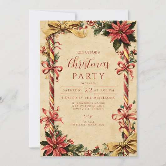 Candy Cane Poinsettia Christmas 招待状 (正面)