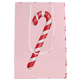 Candy cane red white stripes on pink watercolor  ミディアムペーパーバッグ