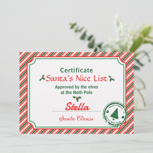 Candy Cane Santa's Nice List Certificate Christmas 招待状 (スタンド正面)