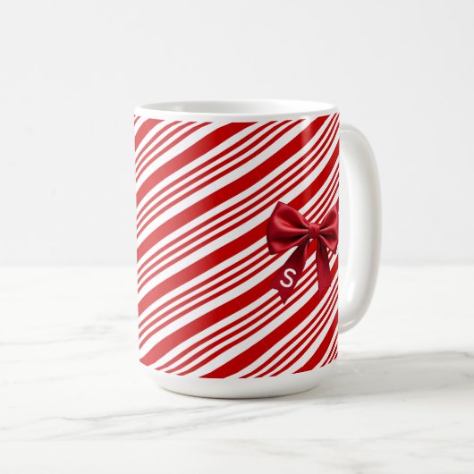 Candy Cane Stripes Red Bow Festive Christmas  コーヒーマグカップ (正面右)