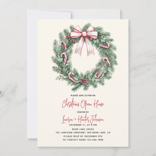 Candy Cane Wreath Christmas Open House Party 招待状 (正面)