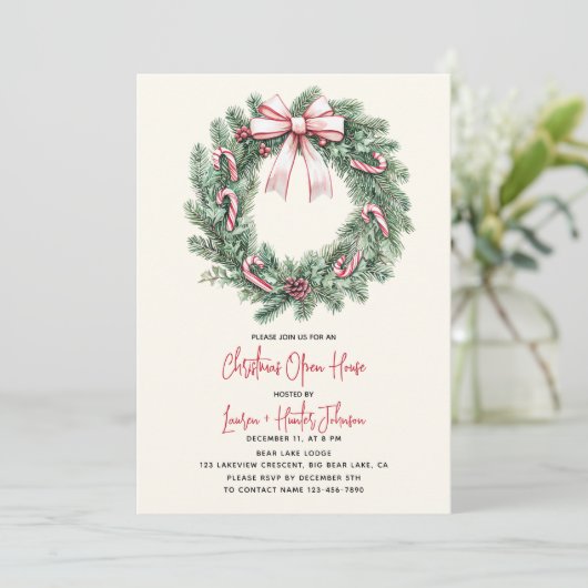 Candy Cane Wreath Christmas Open House Party 招待状 (スタンド正面)