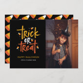 Candy Corn Halloweenフォトカードのトリックまたはトリートメント 招待状 (正面/裏面)