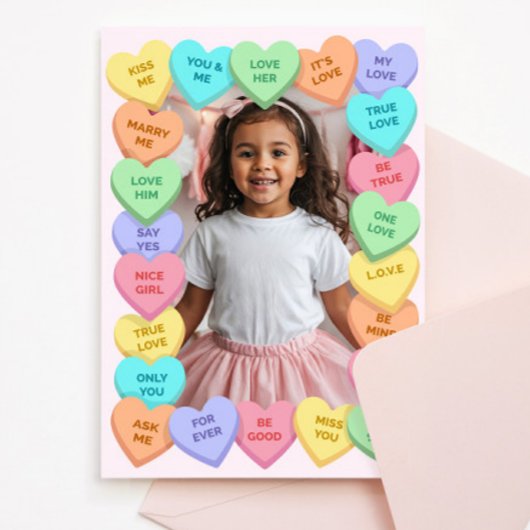 Candy Heart Kid Photo Valentine Card, Child School ノートカード