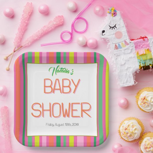 Candy Stripe Pink Colorful Rainbow Baby Shower ペーパープレート (パーティー)