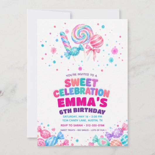 Candy Sweet Celebration Watercolor Birthday 招待状 (正面)