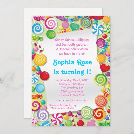 Candylandの甘い専門店の誕生日の招待状 招待状 (正面/裏面)