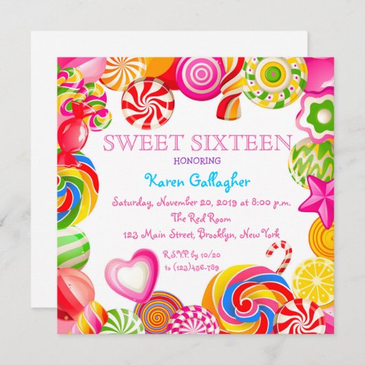 Candylandキャンデーのテーマの菓子16の招待状 招待状 (正面/裏面)