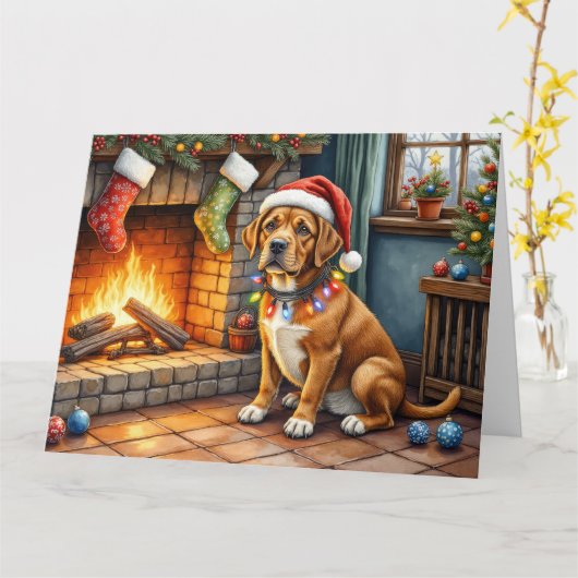 Cane Corso Fireplace with Christmas Lights カード (黄色い花)