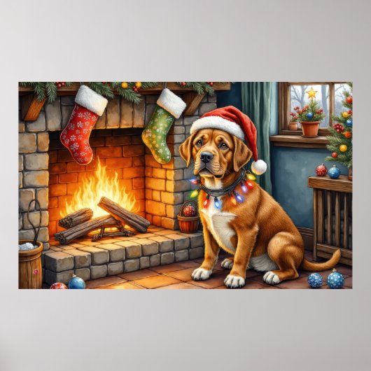 Cane Corso Fireplace with Christmas Lights ポスター (正面)