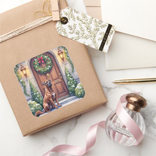 Cane Corso Grand Door Evergreen Christmas Art スクエアシール (ギフト)