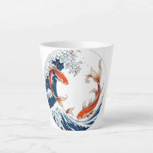 Caneca branca com design de peixes japoneses カフェラテマグ (正面)