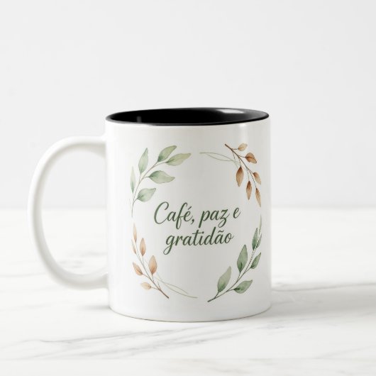 Caneca Café, Paz e Gratidão – Coroa de Folhas Aqua ツートーンマグカップ (左)