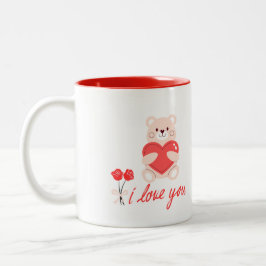 caneca designer romântico urso  com coração e flor ツートーンマグカップ