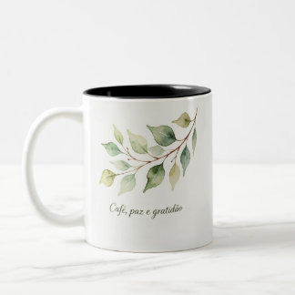 Caneca Frase Café paz Gratidão – Aquarela Folhas  ツートーンマグカップ
