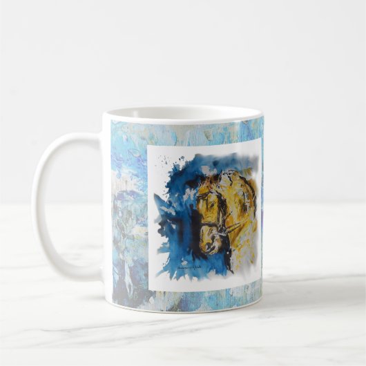 Caneca pintura "Cavalo" com fundo em manchas azuis コーヒーマグカップ (左)