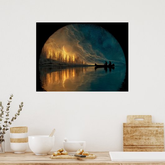 Canoe and crescent moon on a lake ポスター (キッチン)