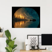 Canoe and crescent moon on a lake ポスター (ホームオフィス)