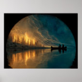 Canoe and crescent moon on a lake ポスター (正面)