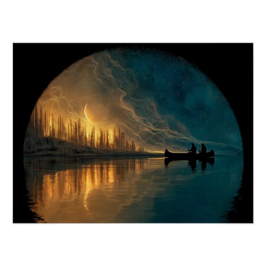 Canoe and crescent moon on a lake ポスター (正面)