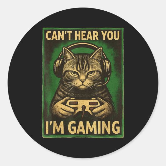 Can't Hear You I'm Gaming Funny Gamer Cat Playing  ラウンドシール (正面)