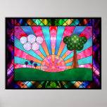 Canticle of the Sun Print ポスター<br><div class="desc">A digital stained-glass design in the Art Deco style popular in the 20th century. The widely-used sunburst motif is central, rising behind a green landscape balanced by a tree on one side and clouds and flowers on the other. Geometric shapes are used to emphasize the symmetry of the scene, with...</div>