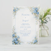 Canvas Textured Blue Gold Rose Ornate Border 招待状 (スタンド正面)