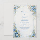 Canvas Textured Blue Gold Rose Ornate Border 招待状 (正面/裏面)