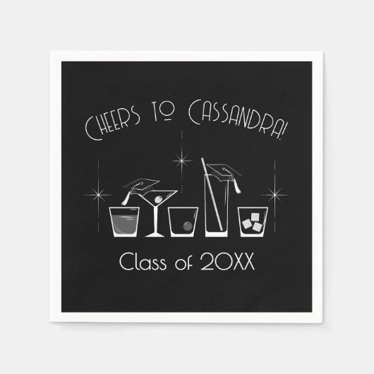 Cap and Cocktail Graduation Party Black スタンダードカクテルナプキン (正面)
