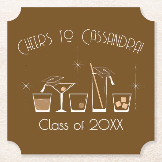 Cap and Cocktail Graduation Party Brown ペーパーコースター (正面)
