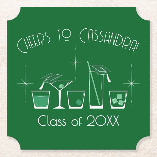 Cap and Cocktail Graduation Party Dark Green ペーパーコースター (正面)