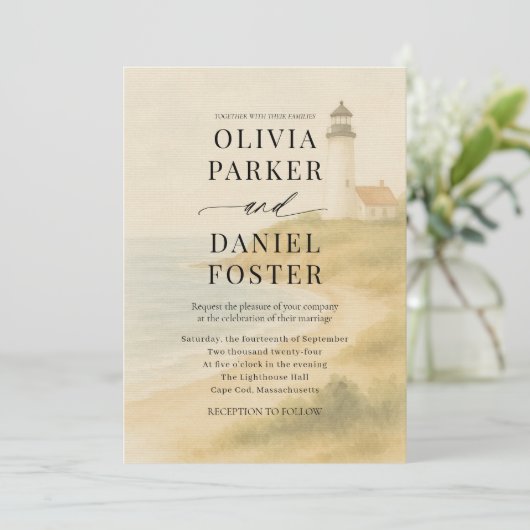 Cap Cod Coastal Watercolor Destination Wedding  招待状 (スタンド正面)