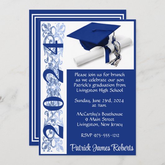Cap & Diploma 5 x 7 Blue Background卒業 招待状 (正面/裏面)