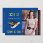 Cap & Diploma Blue – 卒業発表 招待状 (正面/裏面)