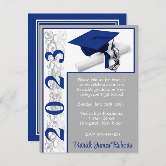 Cap & Diploma、Blue & Gray卒業 招待状 (正面/裏面)