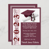 Cap & Diploma、Maroon Background Graduation 招待状 (正面/裏面)