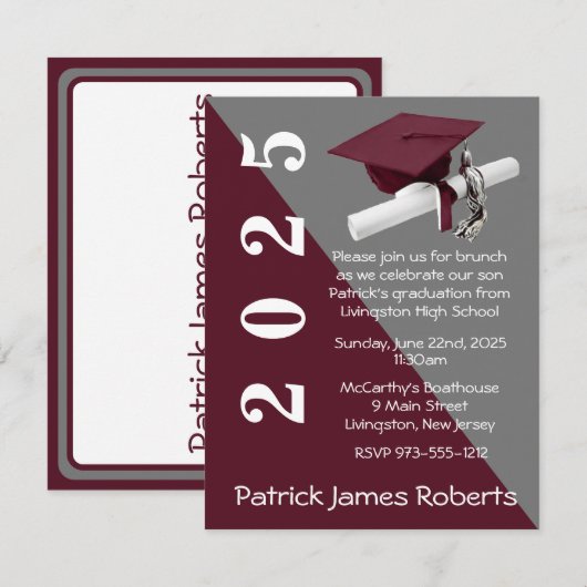 Cap & Diploma、Maroon & Gray卒業 招待状 (正面/裏面)