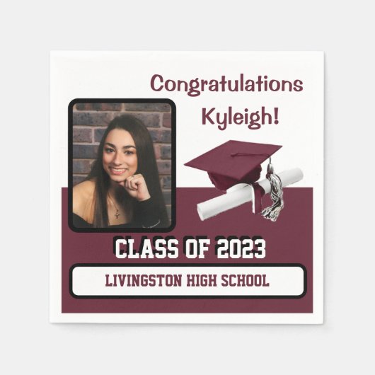 Cap & Diploma、Maroon & White Graduation スタンダードカクテルナプキン (正面)