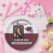 Cap & Diploma、Maroon & White Graduation ペーパープレート (パーティー)