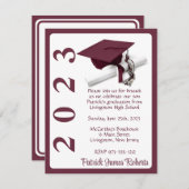 Cap & Diploma、Maroon & White Graduation 招待状 (正面/裏面)